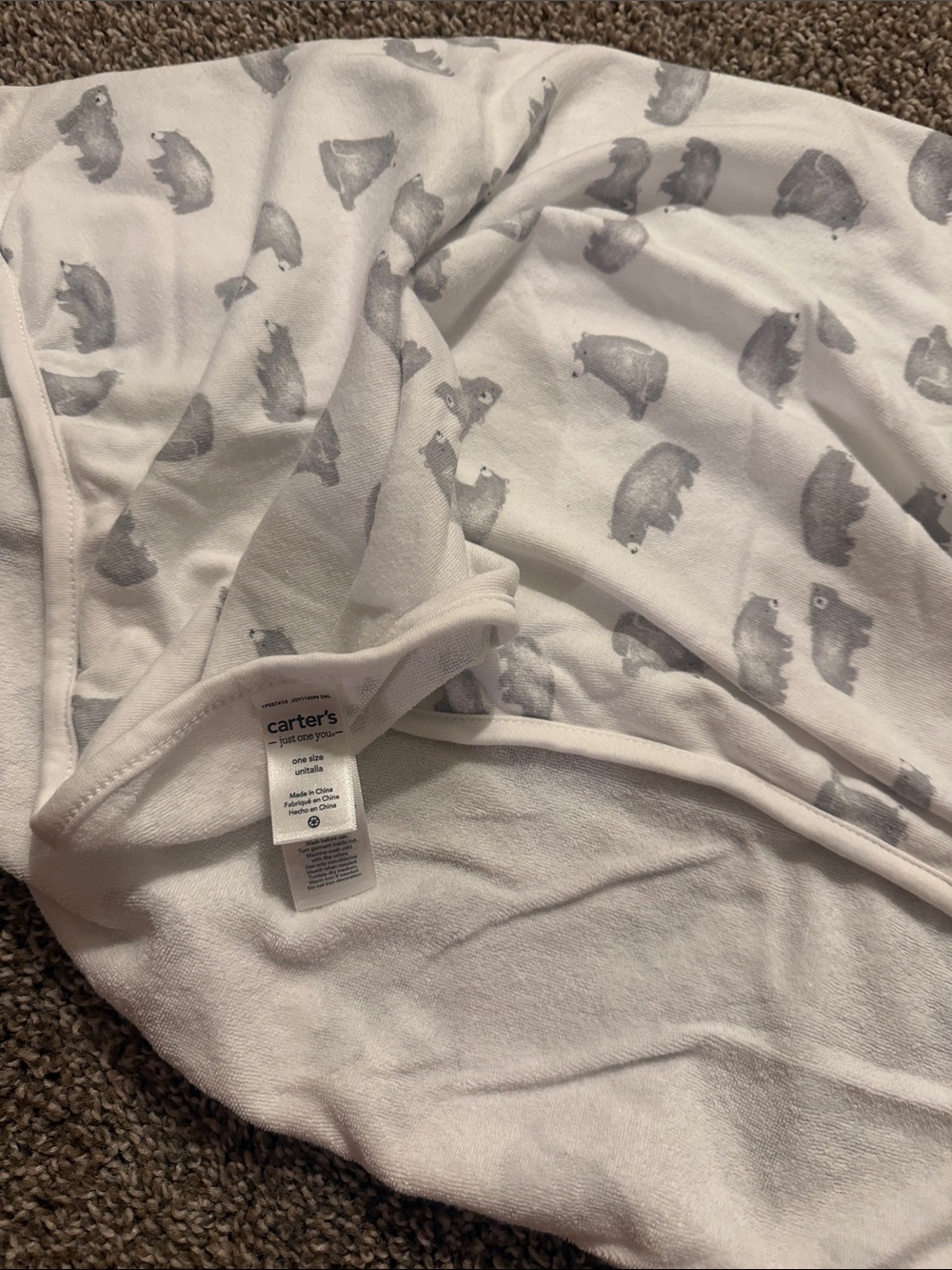 Carter's White bath towel with Gray Bear Print